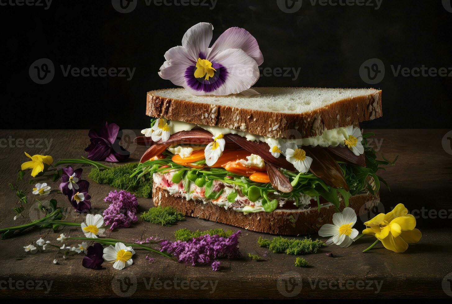 Vegetarian sandwich with flowers, herbs and vegetables, spring food art. Generative AI photo