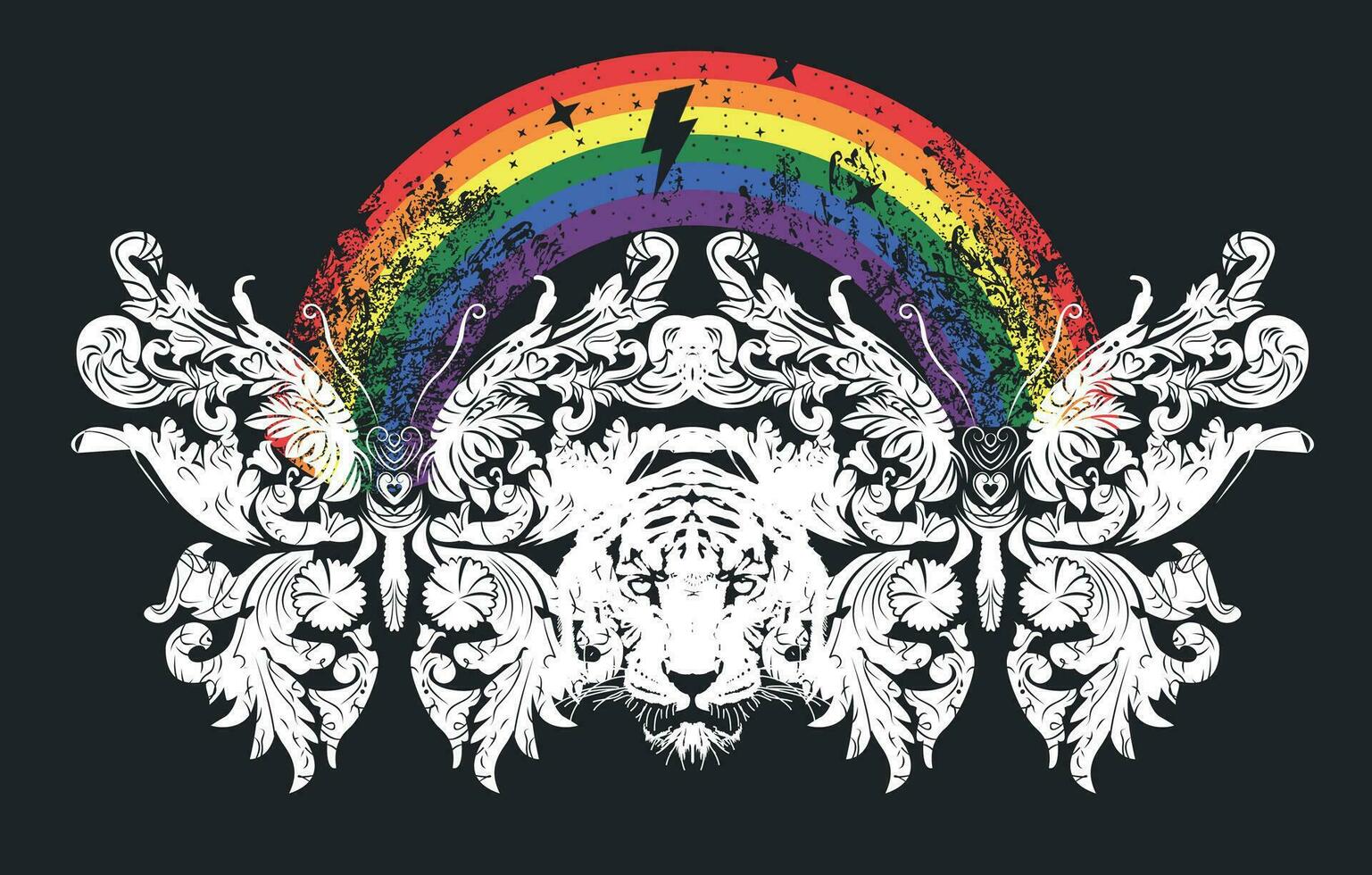 design for t-shirt with butterflies, tiger face and rainbows on a black background. vector illustration for gay pride day.