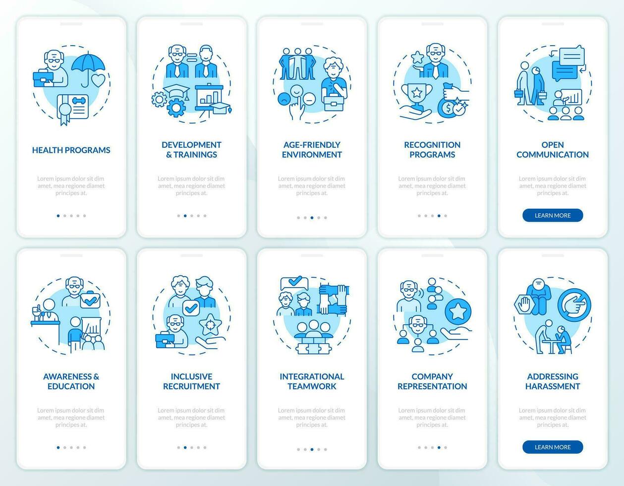 2D icons representing unretirement mobile app screen set. Walkthrough 5 steps blue graphic instructions with thin line icons concept, UI, UX, GUI template. vector