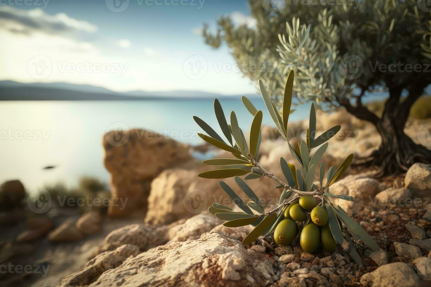 Branch of olive tree with fruits on rock, against backdrop of sea. Generative AI photo