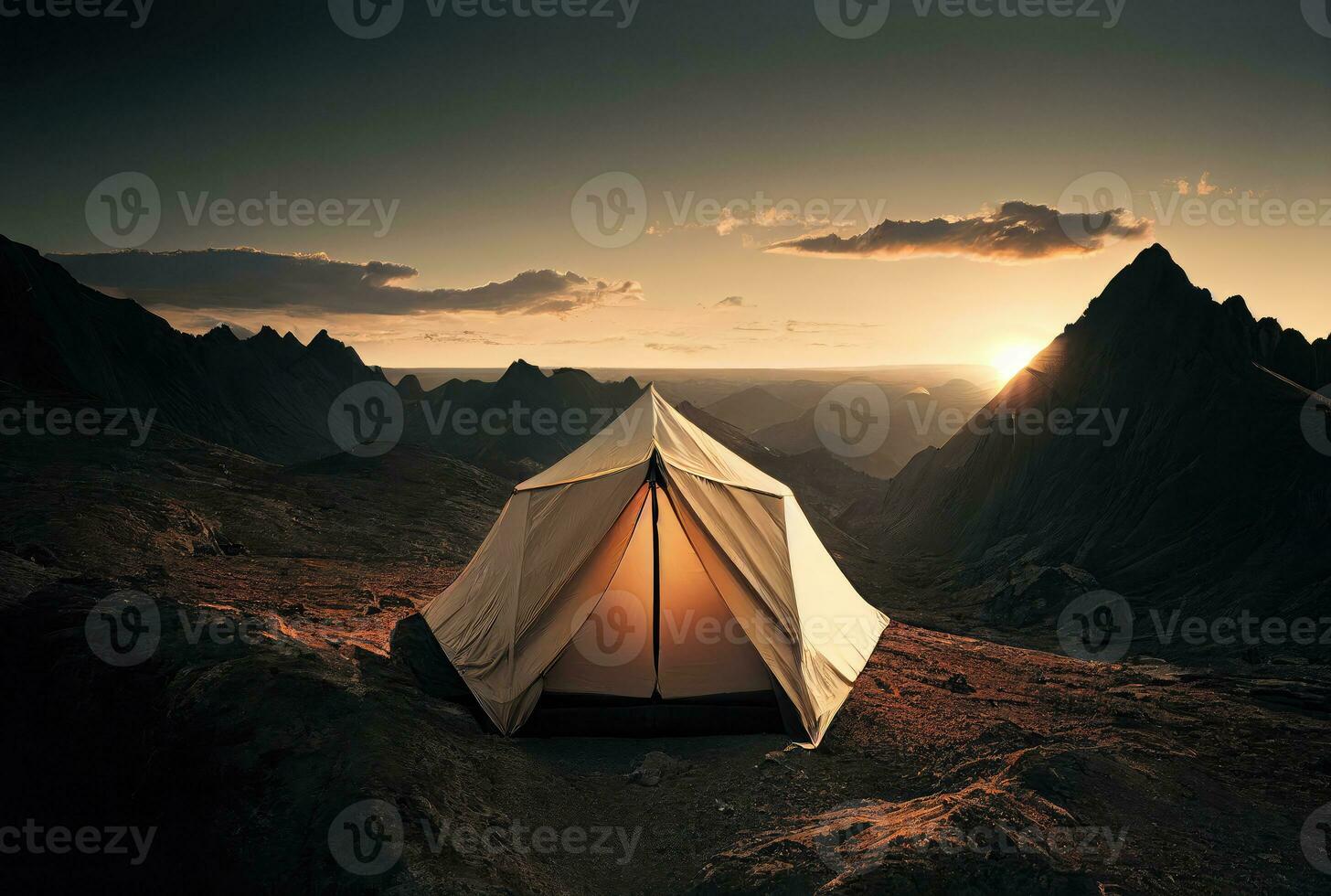 Lonely tent in deserted mountains at sunset, travel background. Generative AI photo