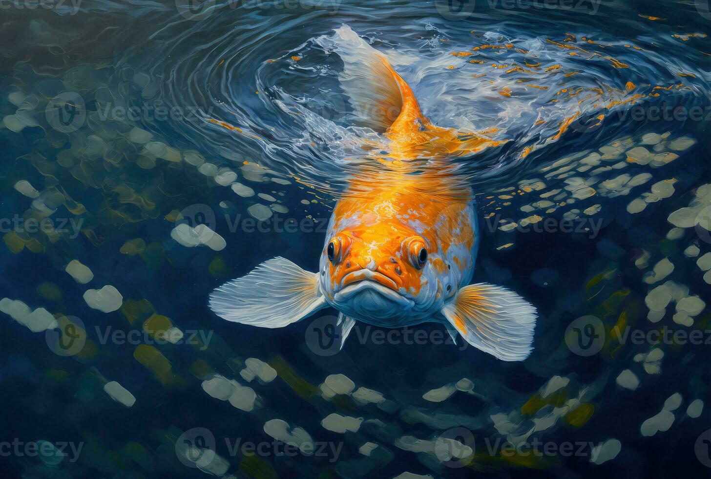 Koi fish or goldfish swims in water, closeup watercolor drawing. Generative AI photo