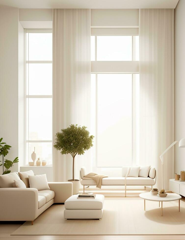 A white couch with orange pillows in a room with windows. Generative AI photo