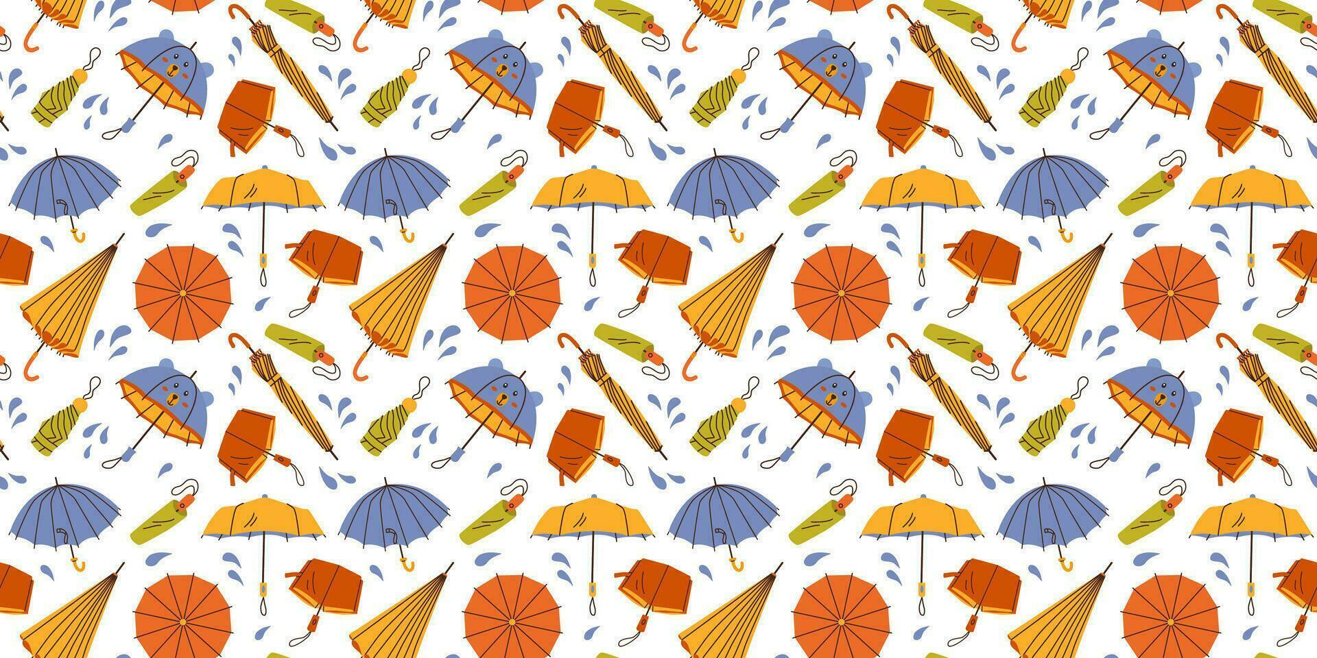 Seamless pattern with hand drawn bright different umbrellas and rain drops on white background in flat cartoon style. For background, packaging, textile vector