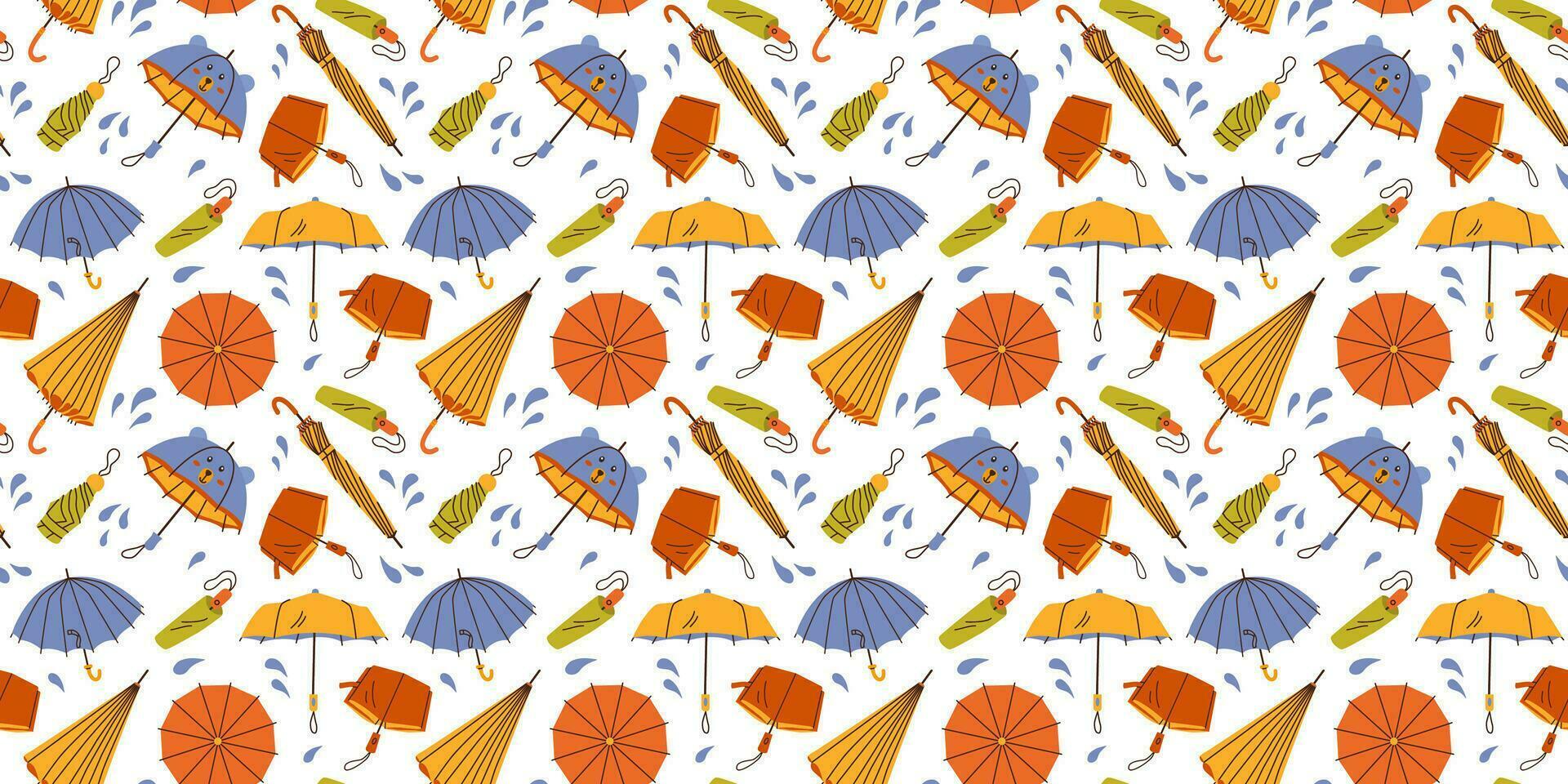 Seamless pattern with hand drawn bright different umbrellas and rain drops on white background in flat cartoon style. For background, packaging, textile vector