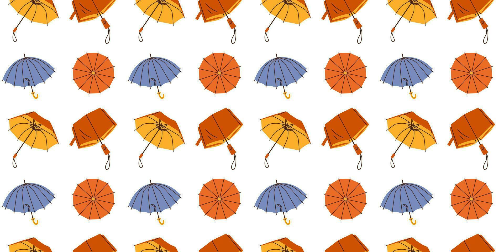 Seamless pattern with hand drawn blue red yellow umbrellas on white background in flat cartoon style. For background, packaging, textile vector