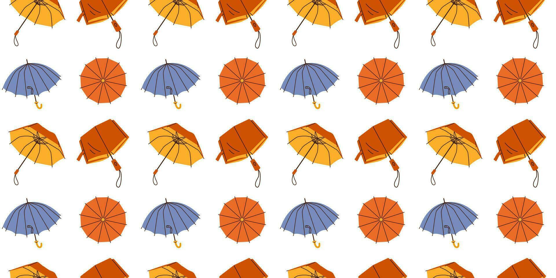 Seamless pattern with hand drawn blue red yellow umbrellas on white background in flat cartoon style. For background, packaging, textile vector