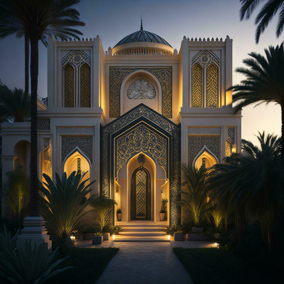 Realistic Arab style villa with realistic professional faade lighting is the subject Generative AI photo