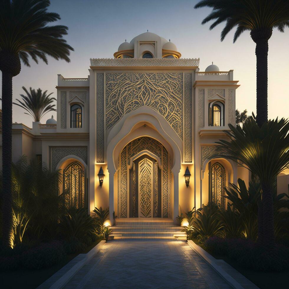 Realistic Arab style villa with realistic professional faade lighting is the subject Generative AI photo
