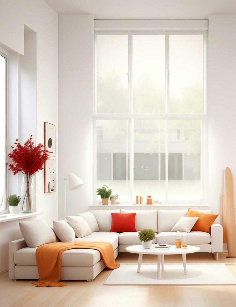 A white couch with orange pillows in a room with windows. Generative AI photo