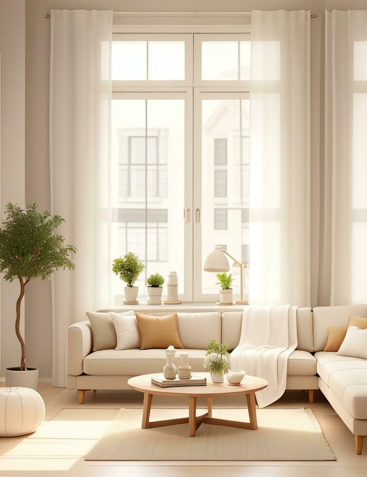 A white couch with orange pillows in a room with windows. Generative AI photo