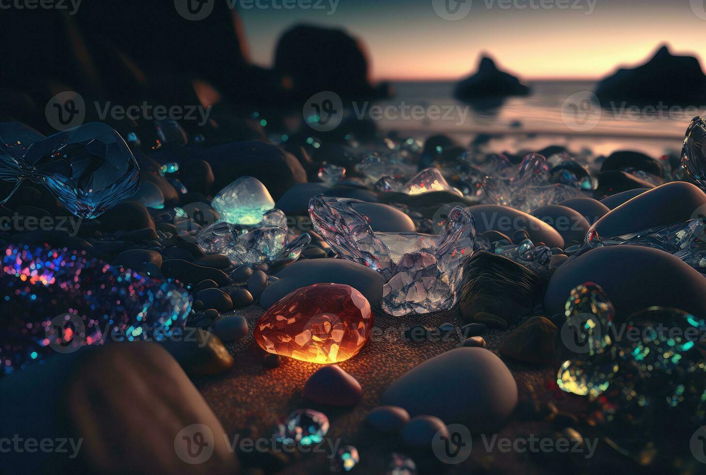 Glass stones on magical beach, sunset, dusk and sea. Generative AI photo