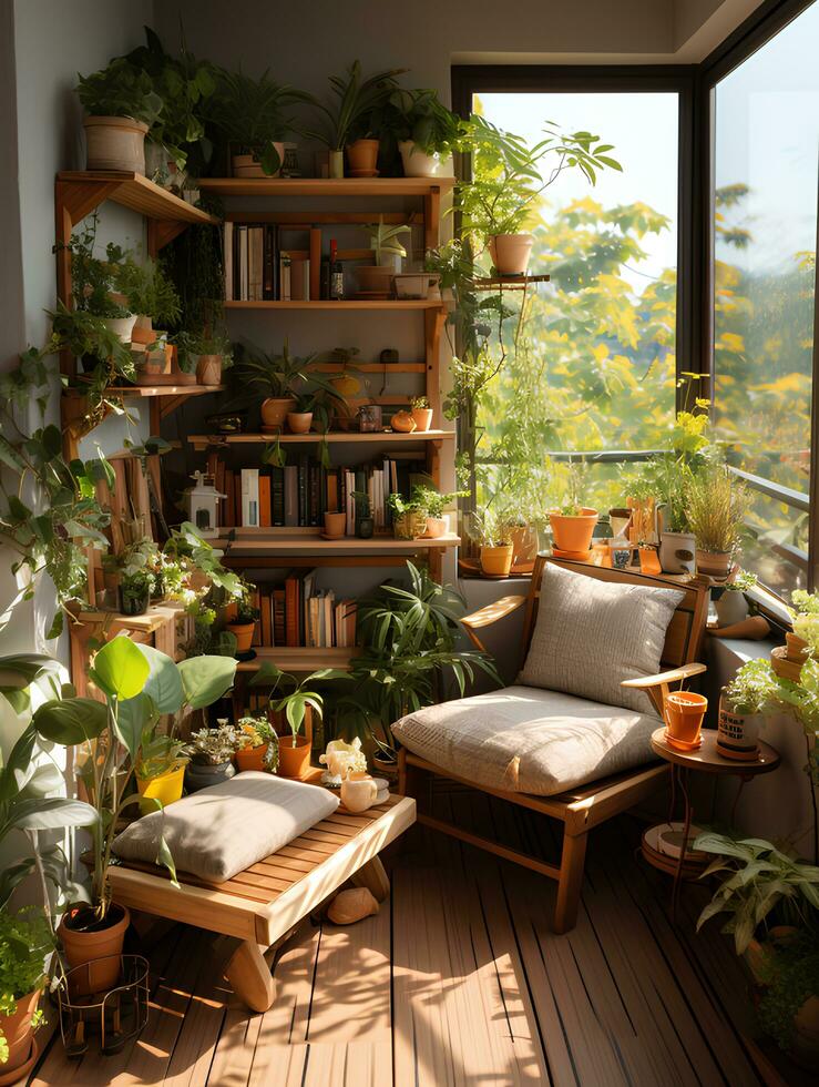 A room with plants on shelves and a chair. Generative AI photo