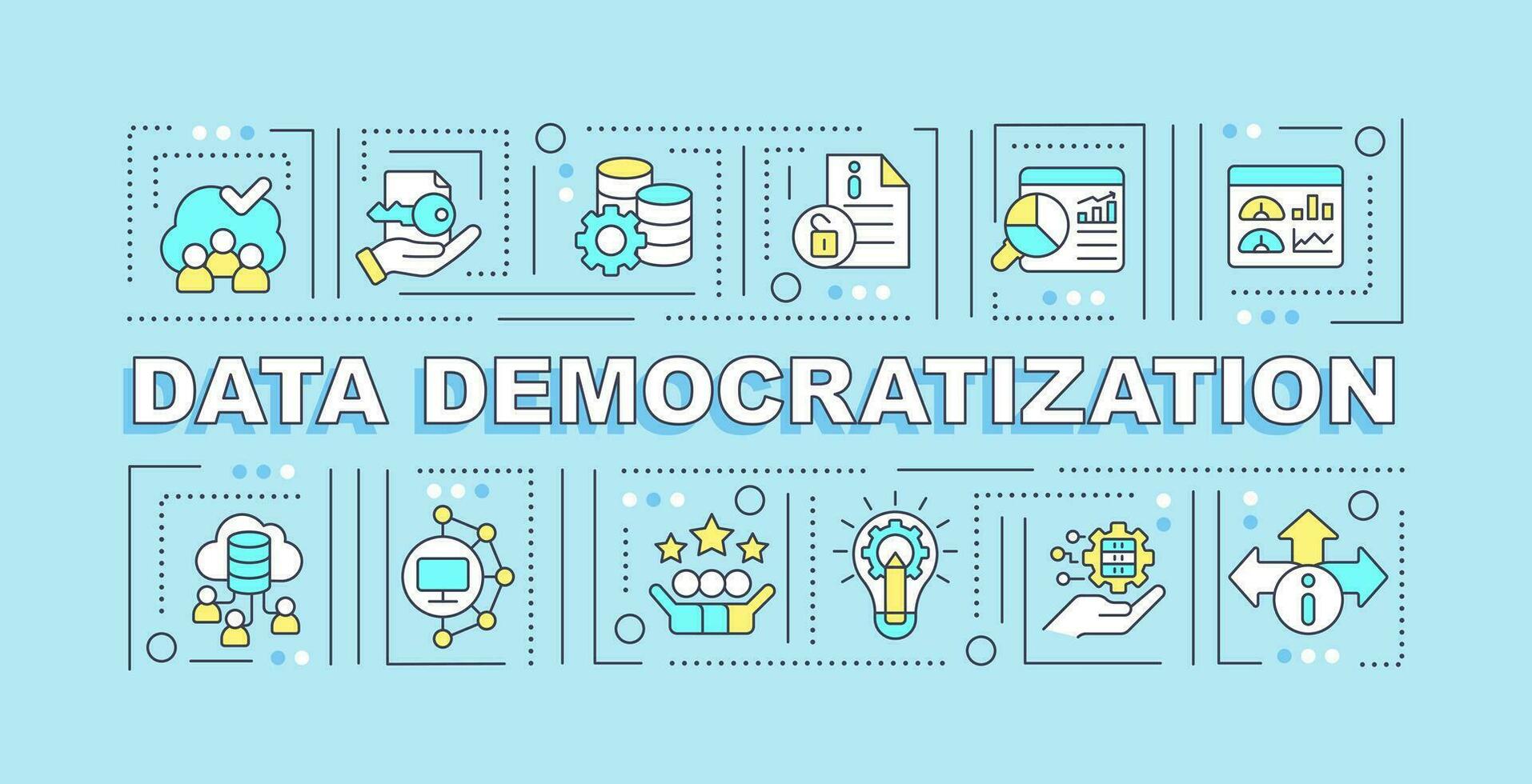 datos democratización texto concepto con varios íconos en azul monocromo fondo, 2d vector ilustración.