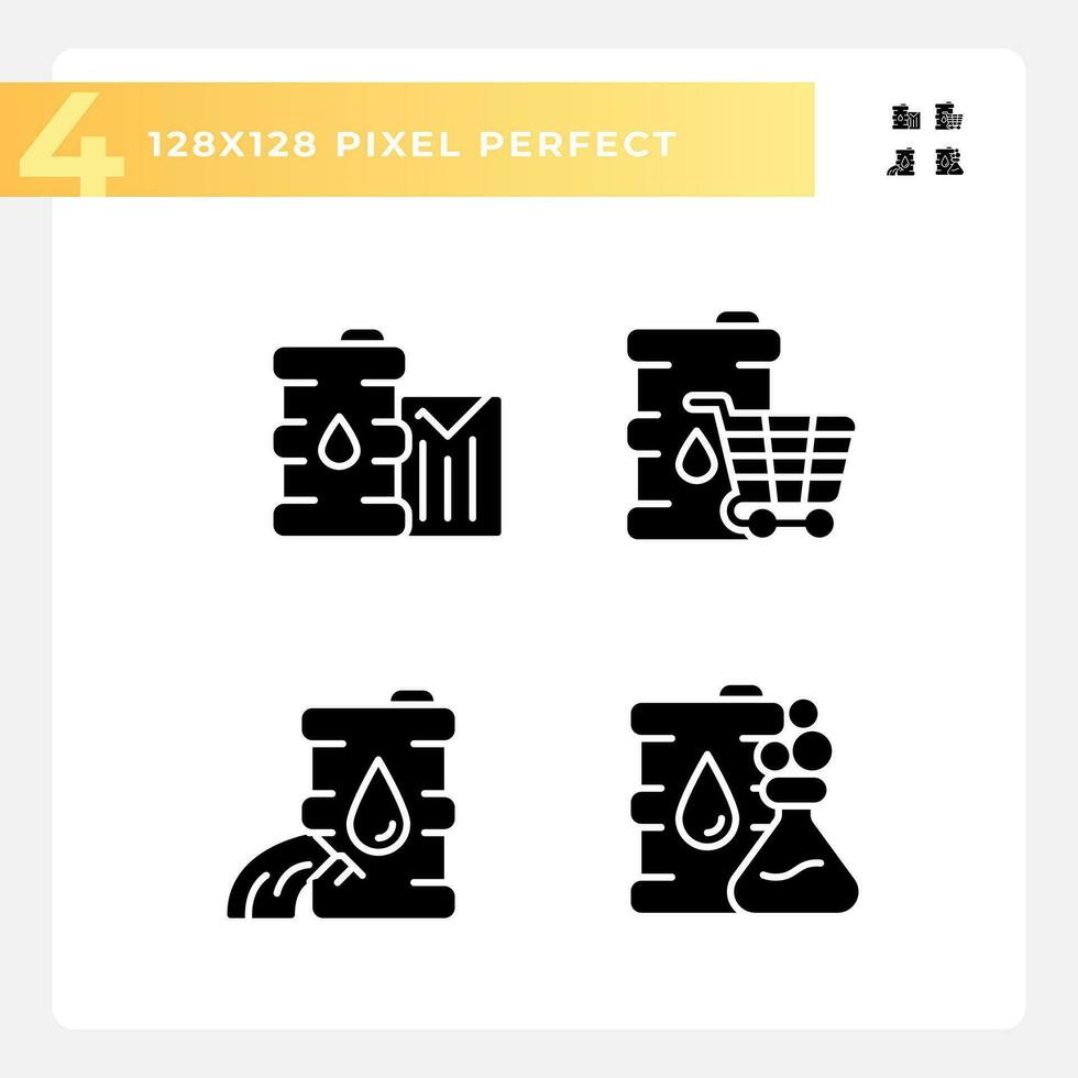 Oil economy black glyph icons set on white space. Energy market. Petroleum industry. Oil price. Global business. Silhouette symbols. Solid pictogram pack. Vector isolated illustration