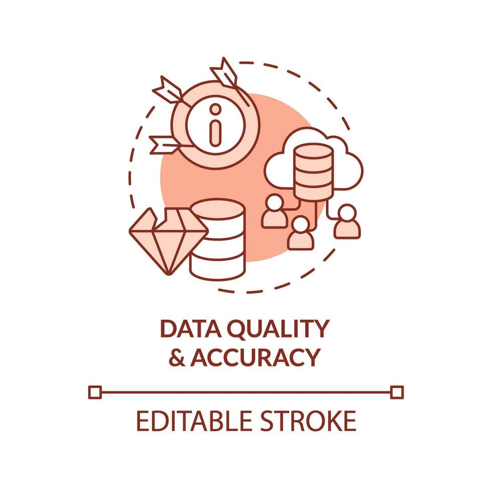 Editable data quality and accuracy concept red thin line icon, isolated vector representing data democratization.