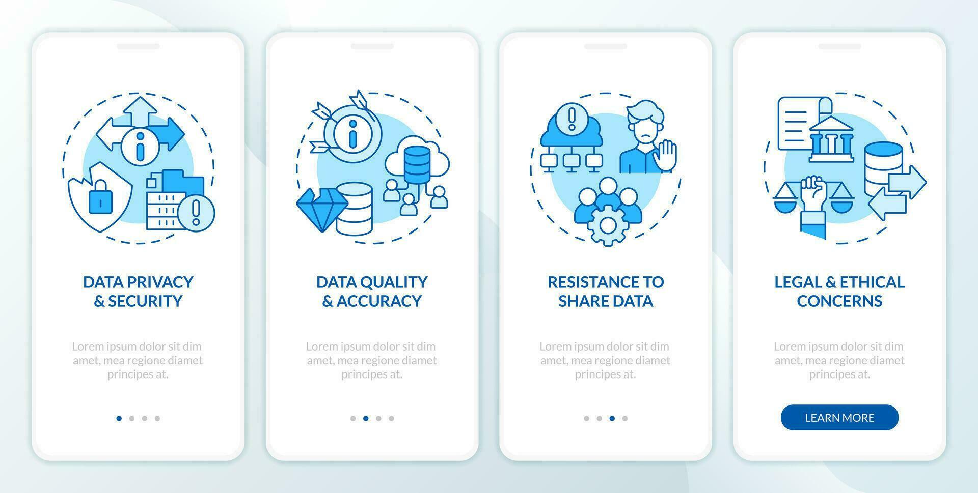 2D icons representing data democratization mobile app screen set. 4 steps graphic instructions, UI, UX, GUI template. vector