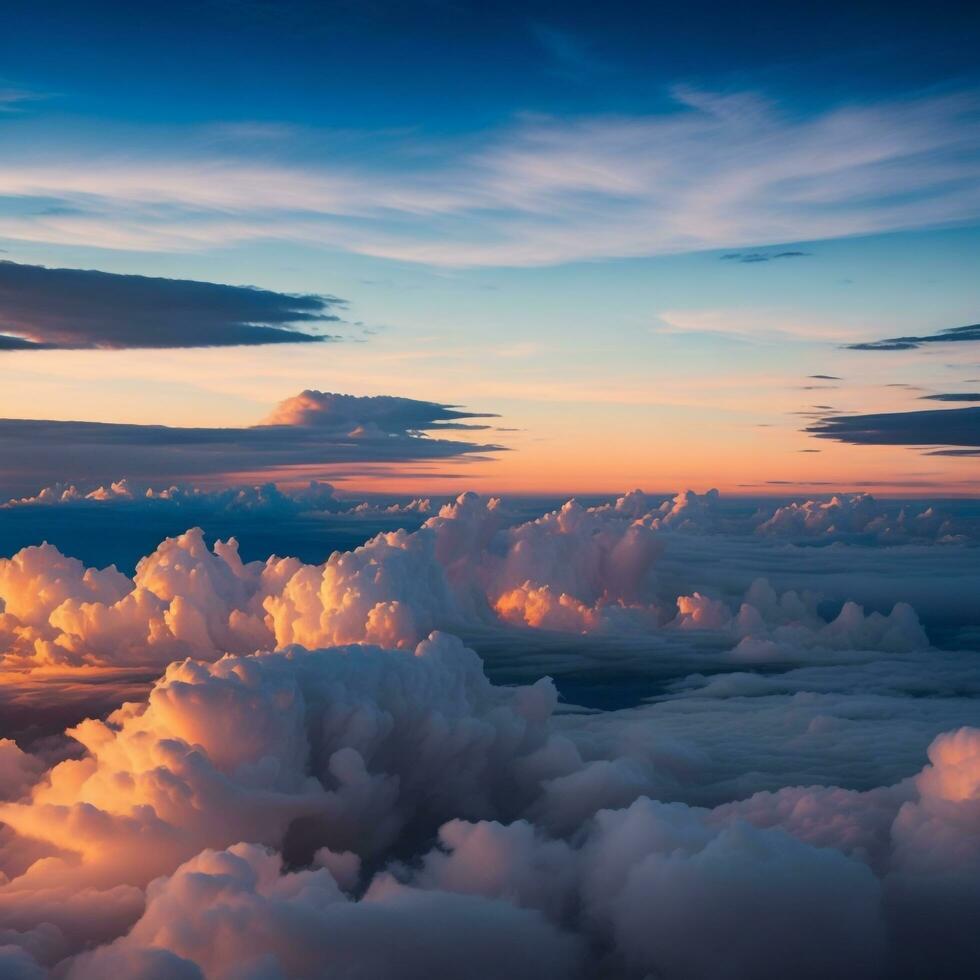 Dramatic white clouds and blue sky from airplane window view Colorful sunset cloudscape background. Generative AI photo