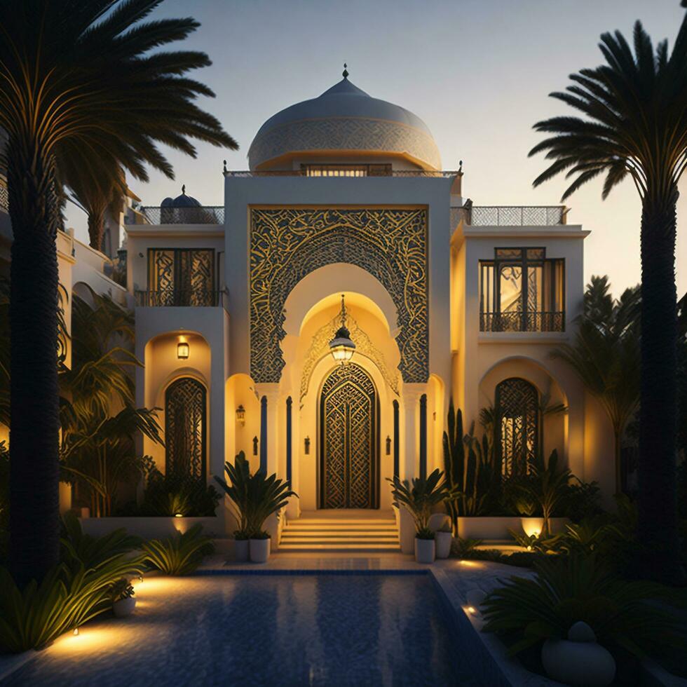Realistic Arab style villa with realistic professional faade lighting is the subject Generative AI photo