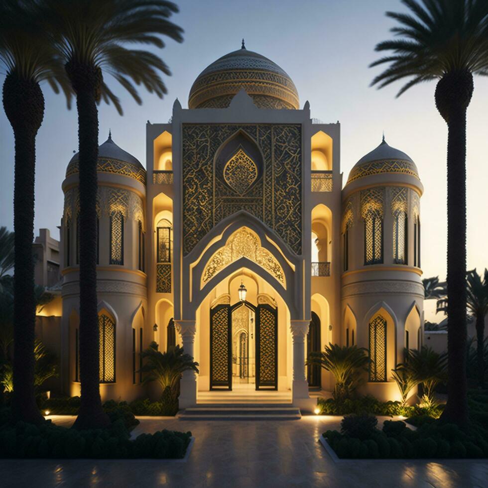 Realistic Arab style villa with realistic professional faade lighting is the subject Generative AI photo