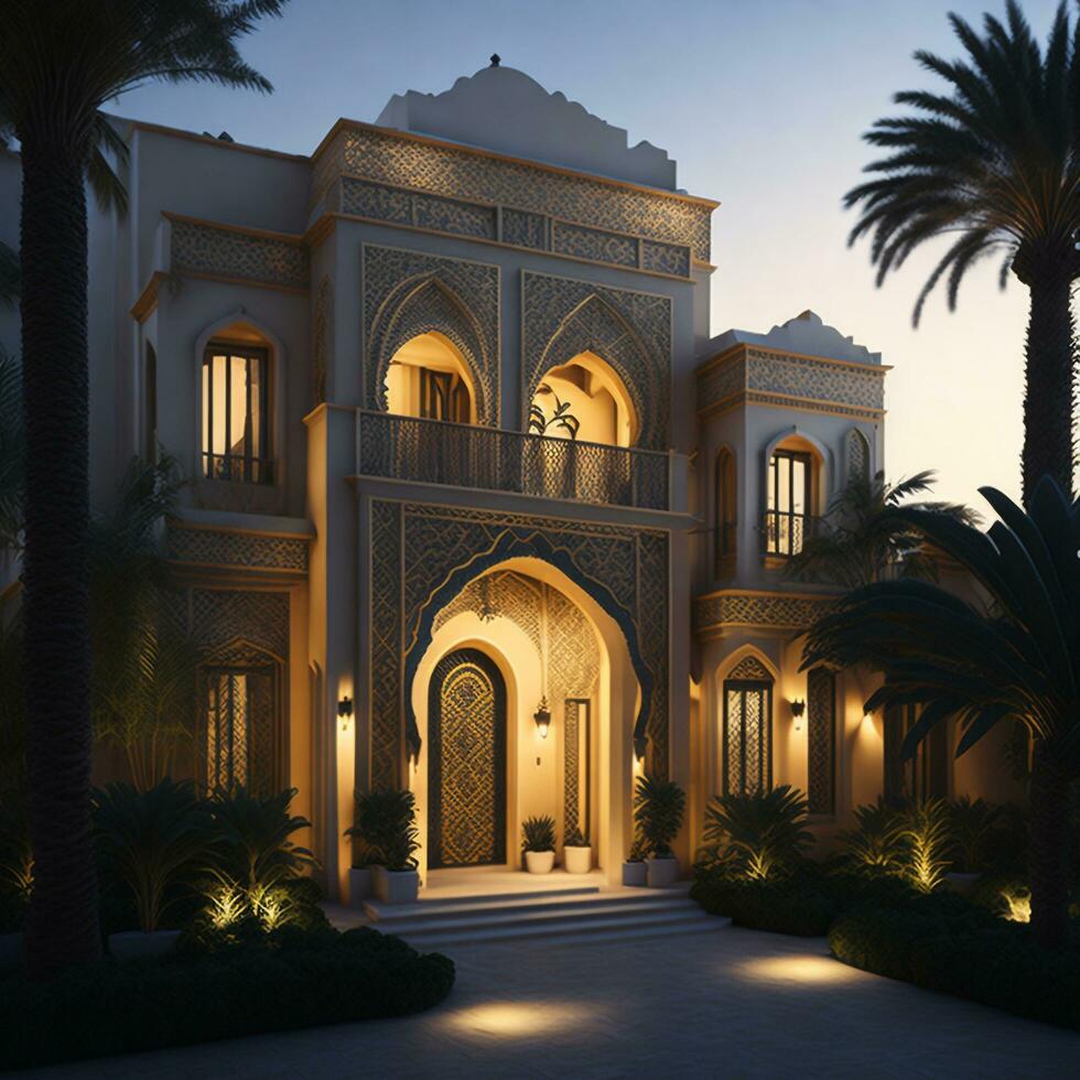 Realistic Arab style villa with realistic professional faade lighting is the subject Generative AI photo