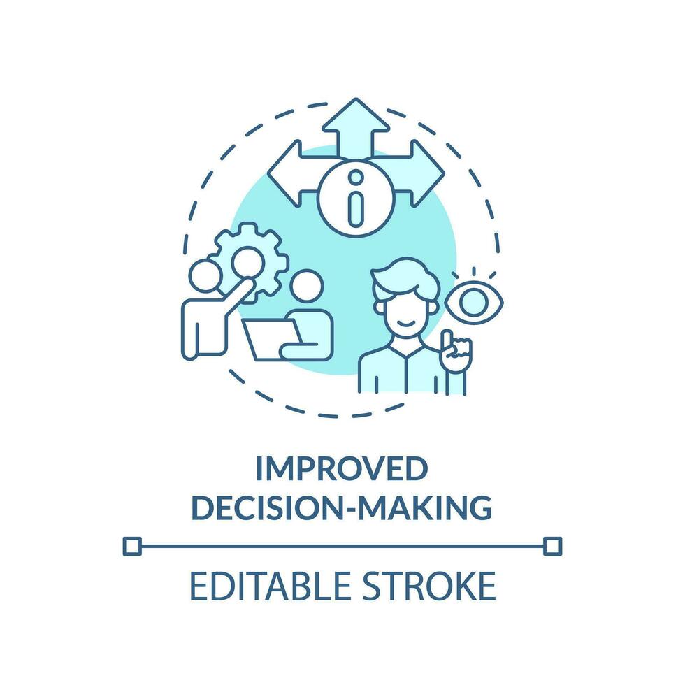 Editable improved decision-making concept blue thin line icon, isolated vector representing data democratization.