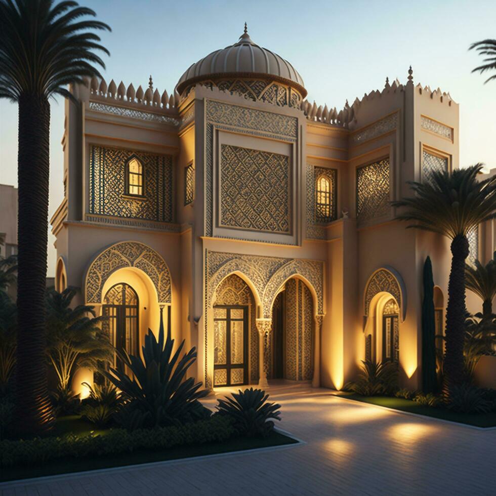 Realistic Arab style villa with realistic professional faade lighting is the subject Generative AI photo