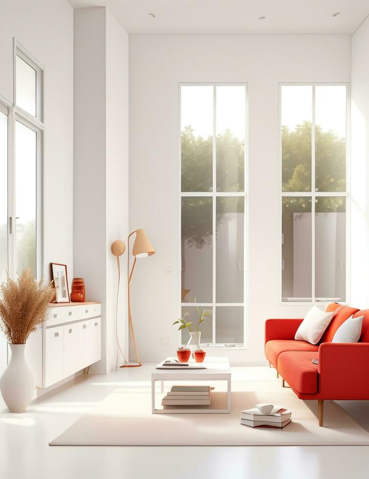 A white couch with orange pillows in a room with windows. Generative AI photo