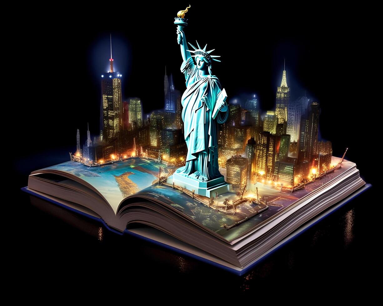 A book with a statue of liberty and a city. photo