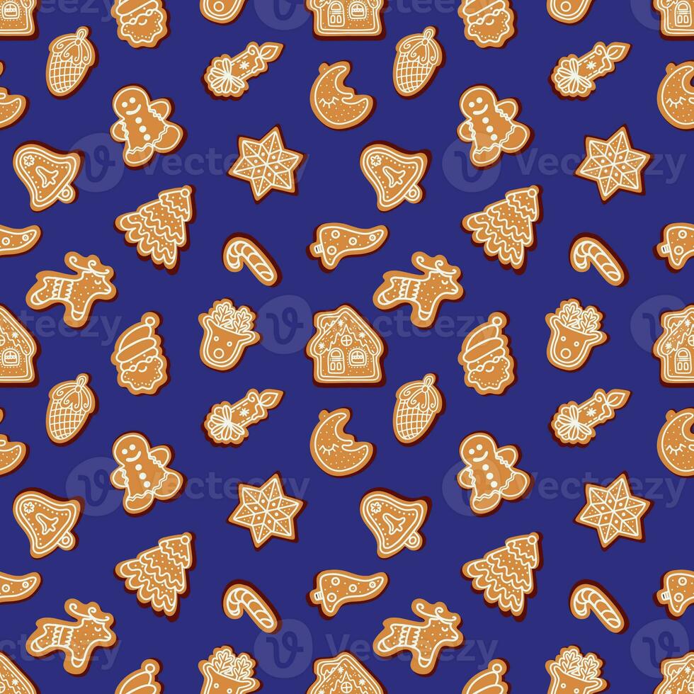 Seamless vector pattern of traditional gingerbread cookies of various shapes for Christmas photo