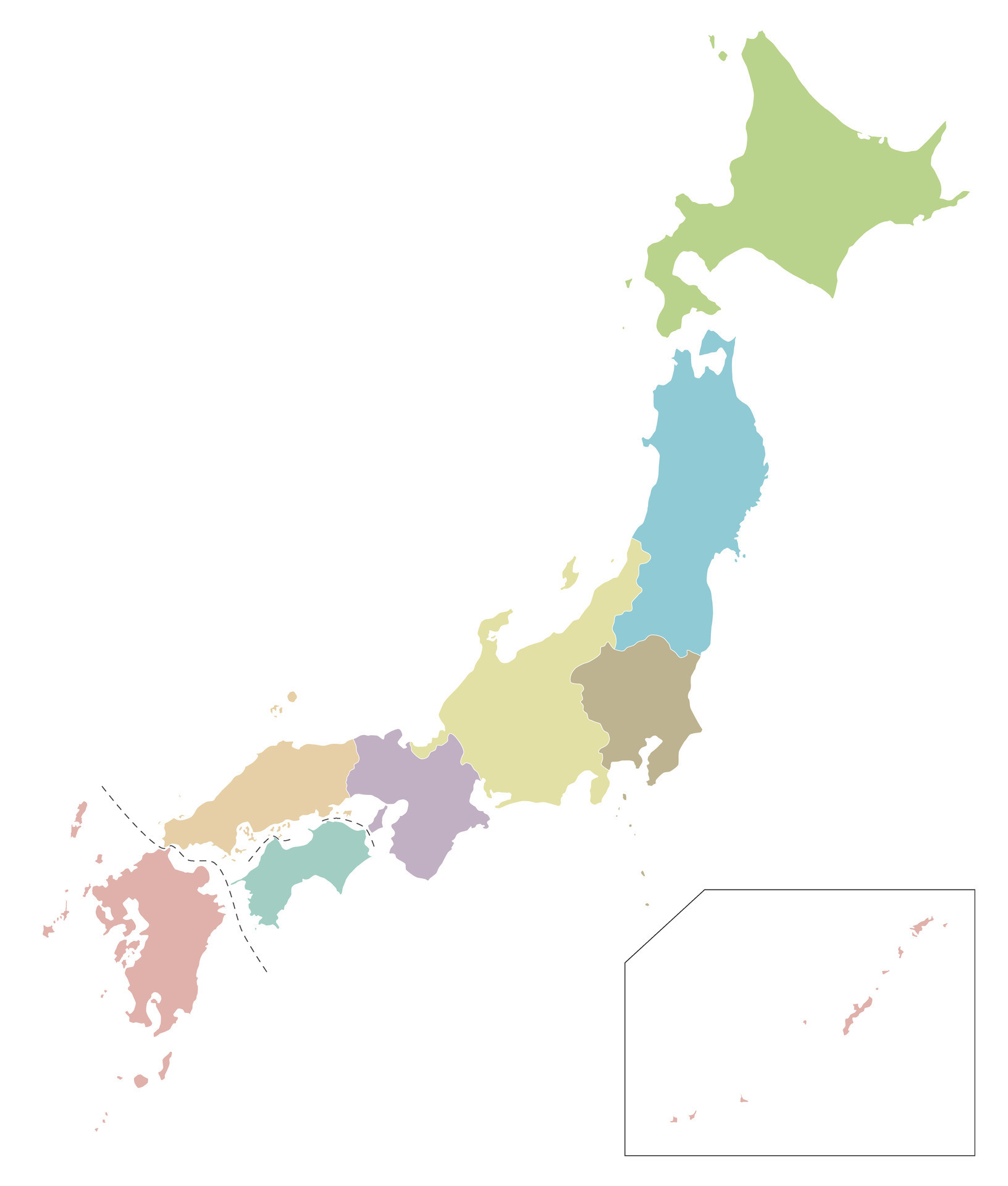 Vector blank map of Japan with regions and administrative divisions