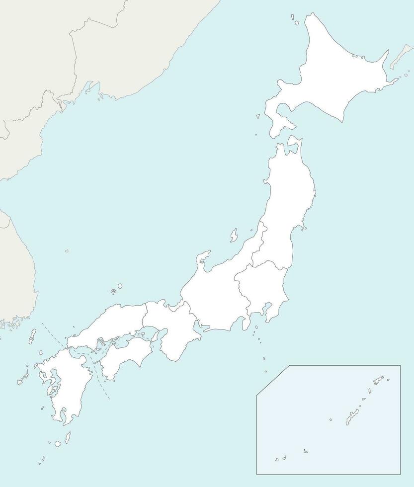Vector blank map of Japan with regions and administrative divisions, and neighbouring countries. Editable and clearly labeled layers.