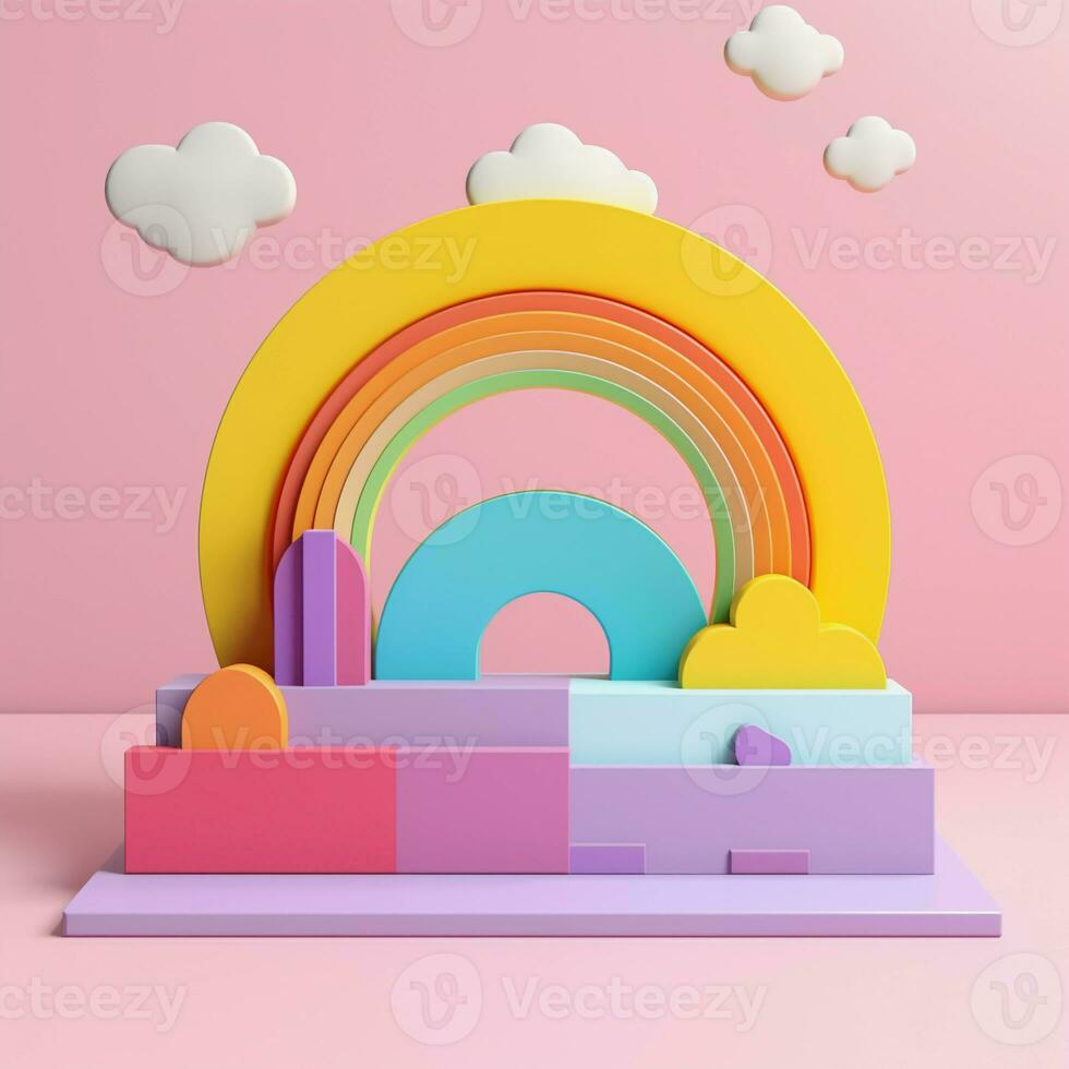 3D rendering podium kid style, colorful background, clouds and weather with empty space for kids or baby product. bright colors. photo