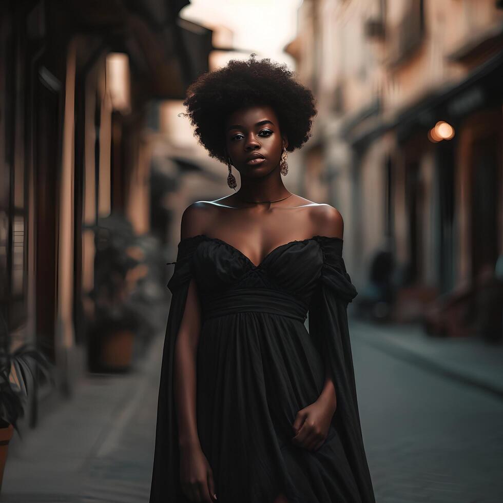 retrato de un negro mujer, longitud total, natural luz, al aire libre, calentar filtrar, ai generativo Arte foto