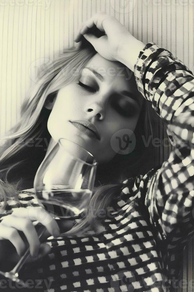 monocromo estético Disparo de un mujer posando para el cámara con un vaso de vino, retrato, foto en el estilo de el 1970, relajado hogar ambiente, natural ligero