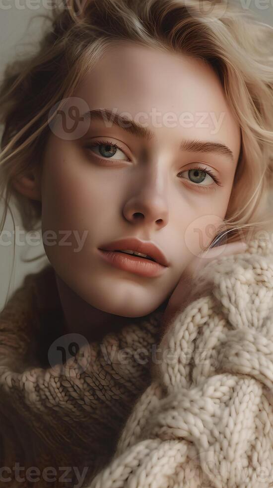 natural portrait of a European blonde woman , close-up, natural studio photo, warm filter, art photo