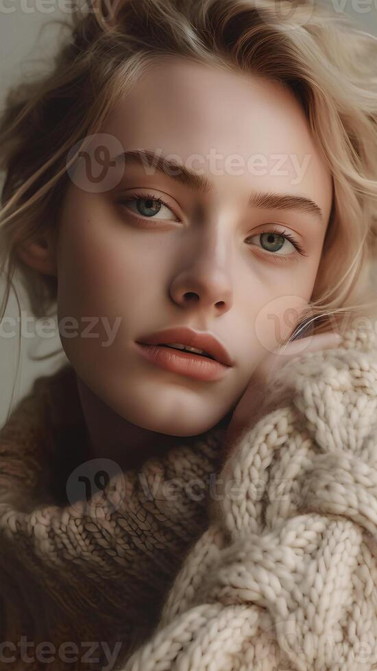 natural portrait of a European blonde woman , close-up, natural studio photo, warm filter, ai generative art photo