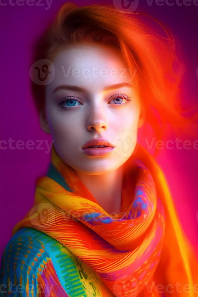 Portrait of a red-haired woman in bright clothes, studio close-up photo, art photo