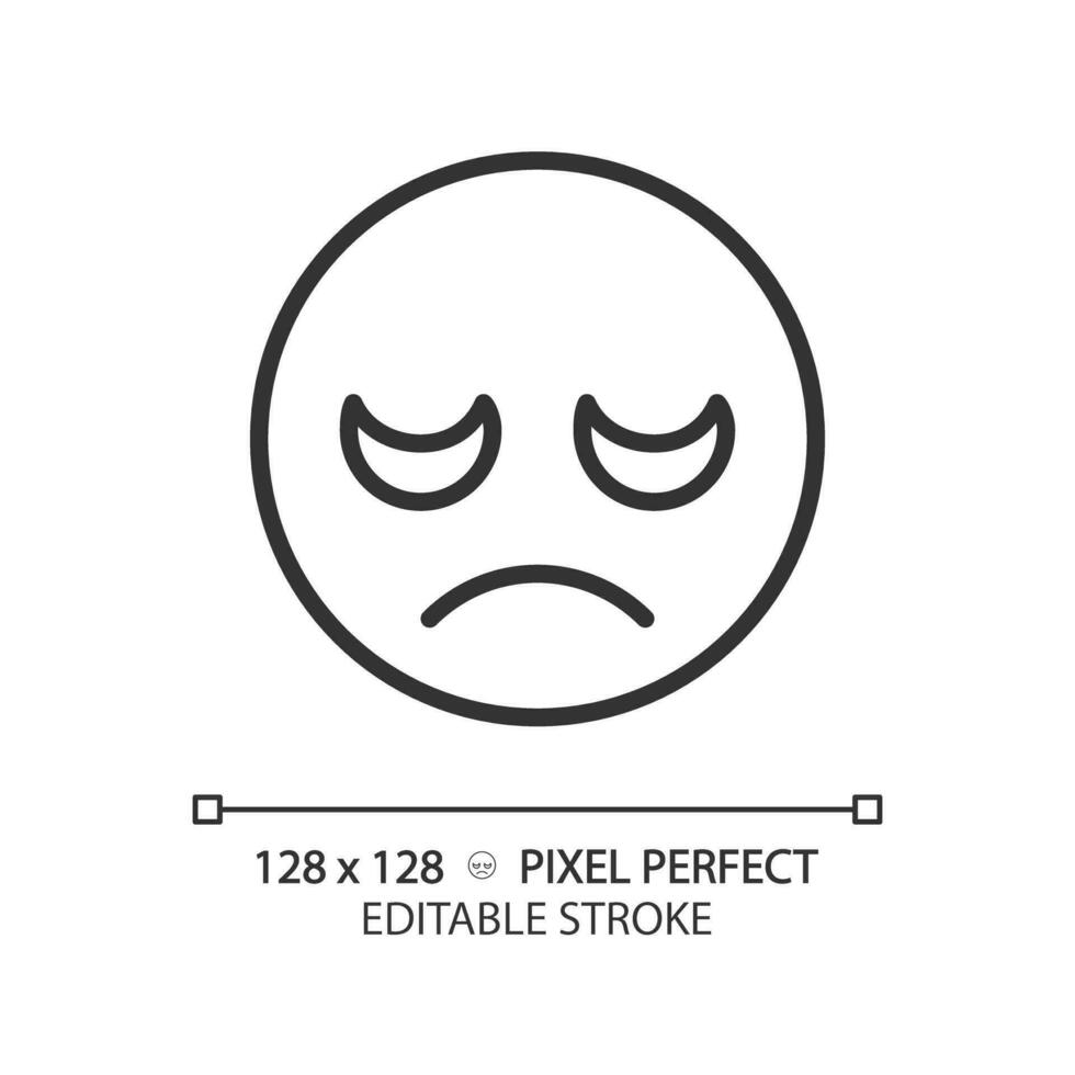 Disappointed emoji pixel perfect linear icon. Displeased customer feedback. Negative reaction on product. Thin line illustration. Contour symbol. Vector outline drawing. Editable stroke