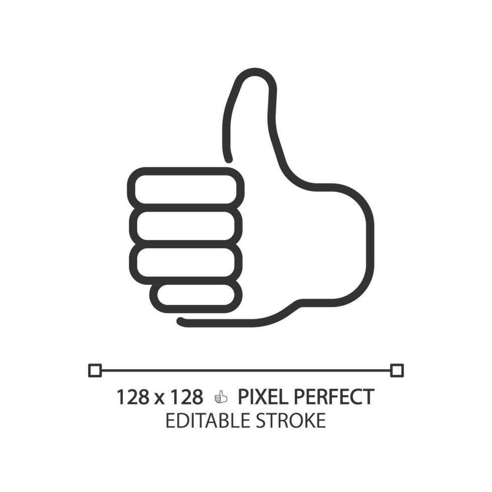 Thumb up pixel perfect linear icon. Showing positive attitude with gesture. Like for service rating. Satisfied client. Thin line illustration. Contour symbol. Vector outline drawing. Editable stroke