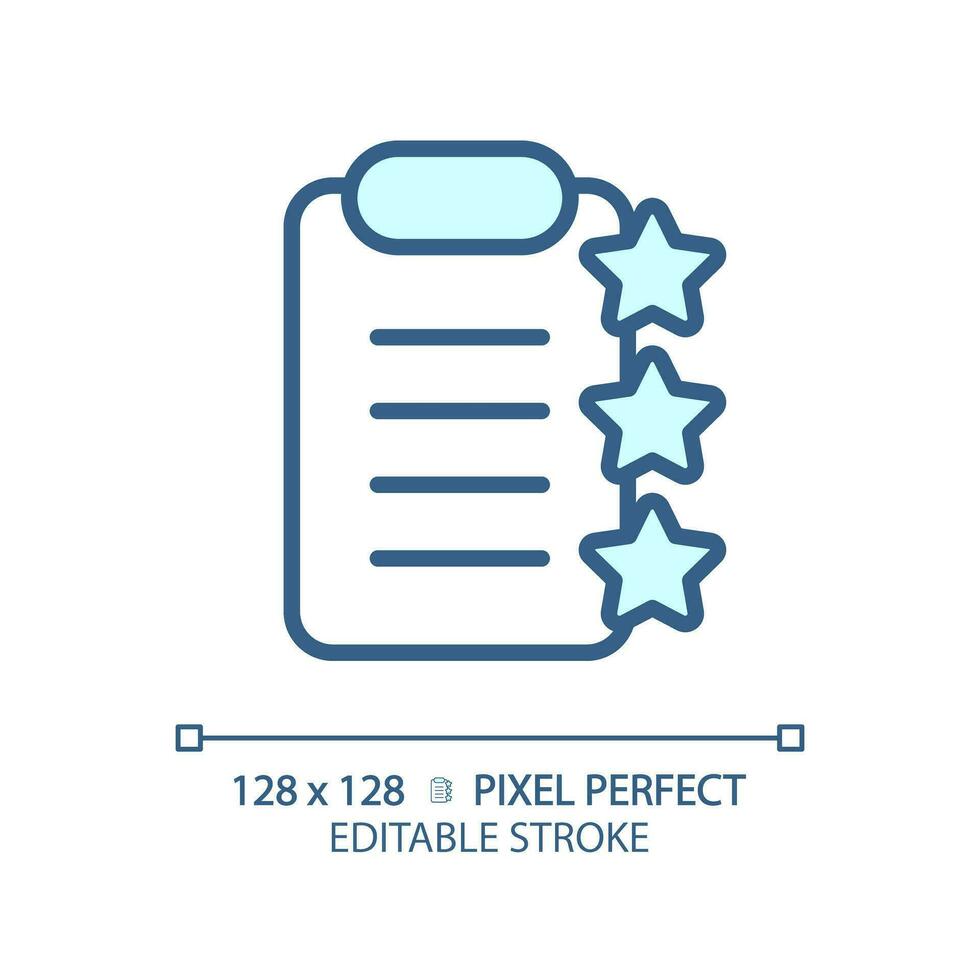 Clipboard with stars pixel perfect RGB color icon. Report about product checkup. Service rating documentation. Isolated vector illustration. Simple filled line drawing. Editable stroke