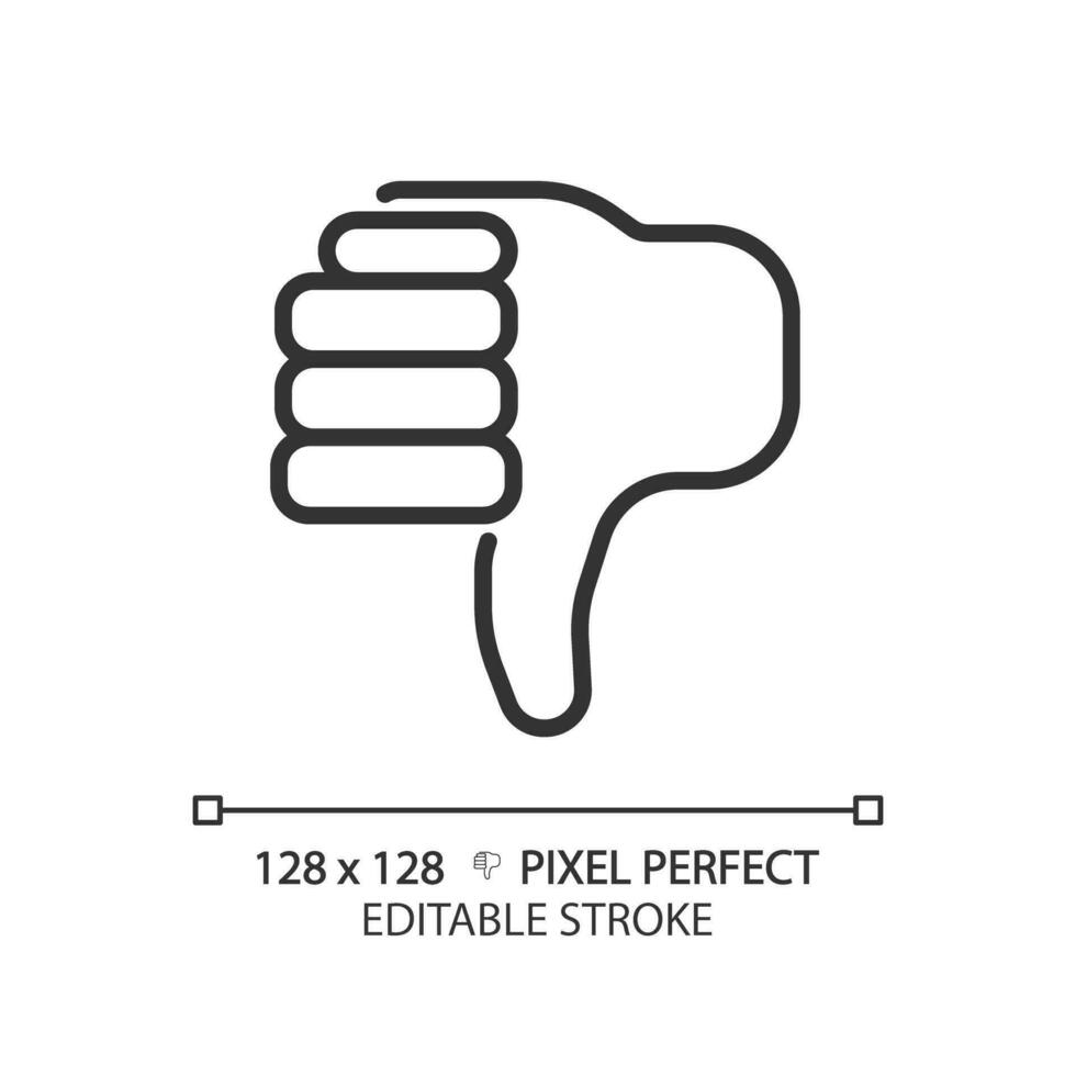 Thumbs down pixel perfect linear icon. Negative evaluation of product. Performing bad customer experience. Thin line illustration. Contour symbol. Vector outline drawing. Editable stroke