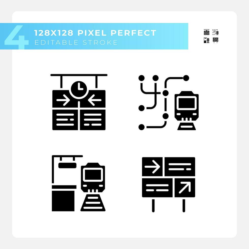 Railway station pixel perfect black glyph icons set on white space. Train platform. Rail travel. Transport system. Silhouette symbols. Solid pictogram pack. Vector isolated illustration