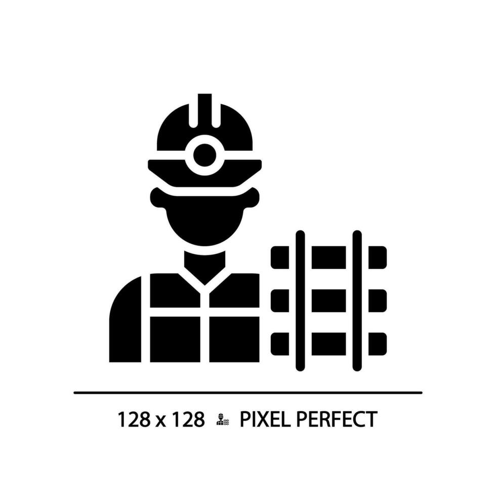 Railway worker pixel perfect black glyph icon. Railroad labor. Train track. Rail maintenance. Civil engineering. Silhouette symbol on white space. Solid pictogram. Vector isolated illustration