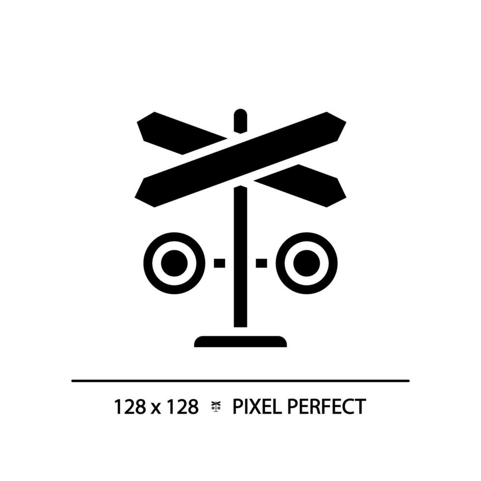 Level crossing pixel perfect black glyph icon. Rail safety. Warning device. Railway track. Railroad barrier. Silhouette symbol on white space. Solid pictogram. Vector isolated illustration
