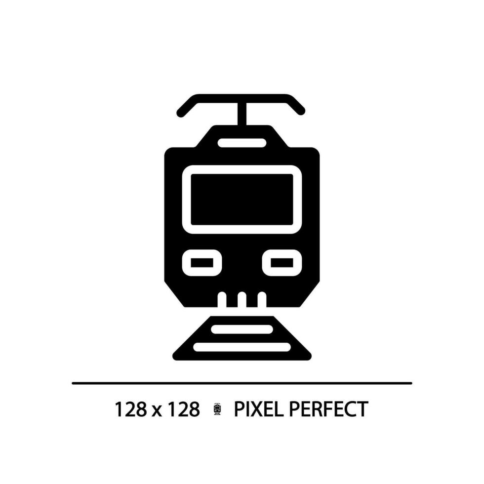 Electric train pixel perfect black glyph icon. Modern locomotive. High speed. Railway electrification. Overhead lines. Silhouette symbol on white space. Solid pictogram. Vector isolated illustration