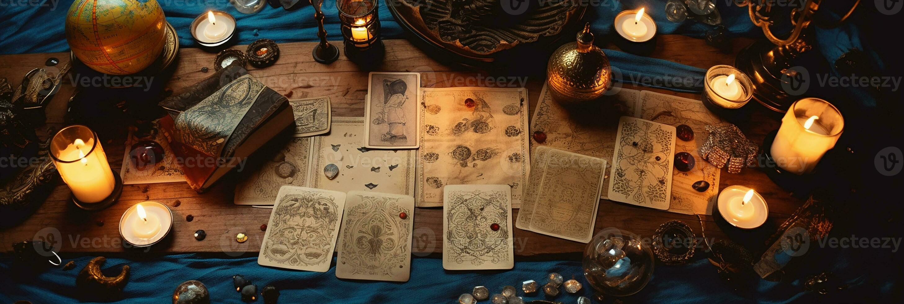 mystical ritual with candles and tarot cards, top view photo