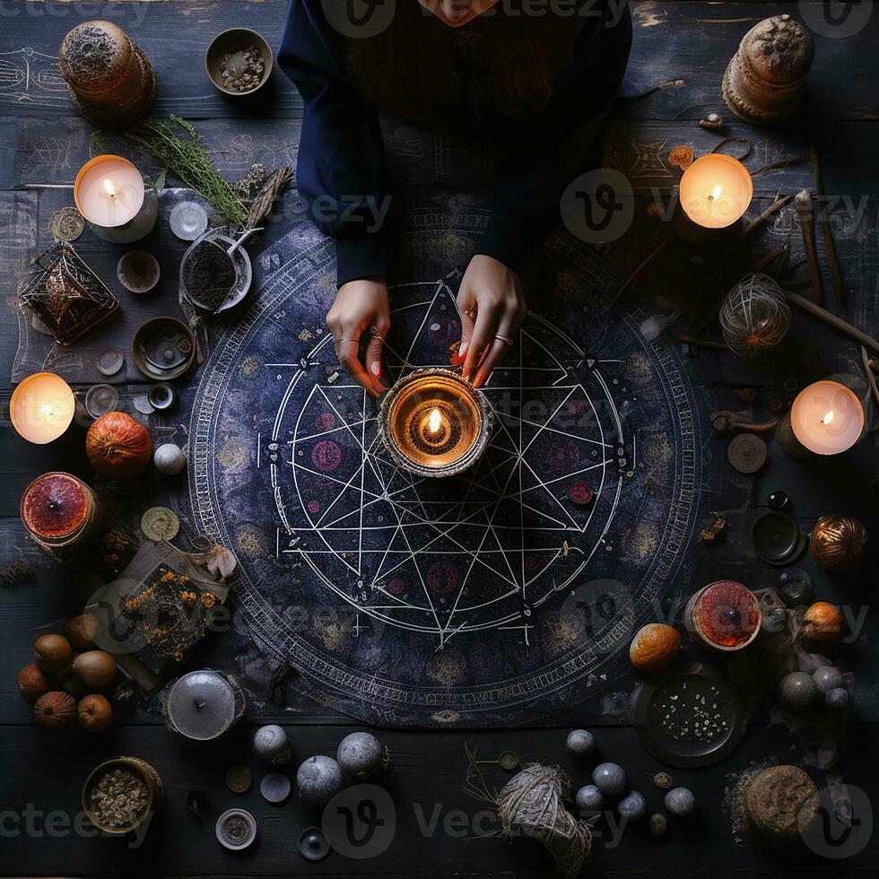 místico ritual con velas y magia piedras, parte superior ver foto