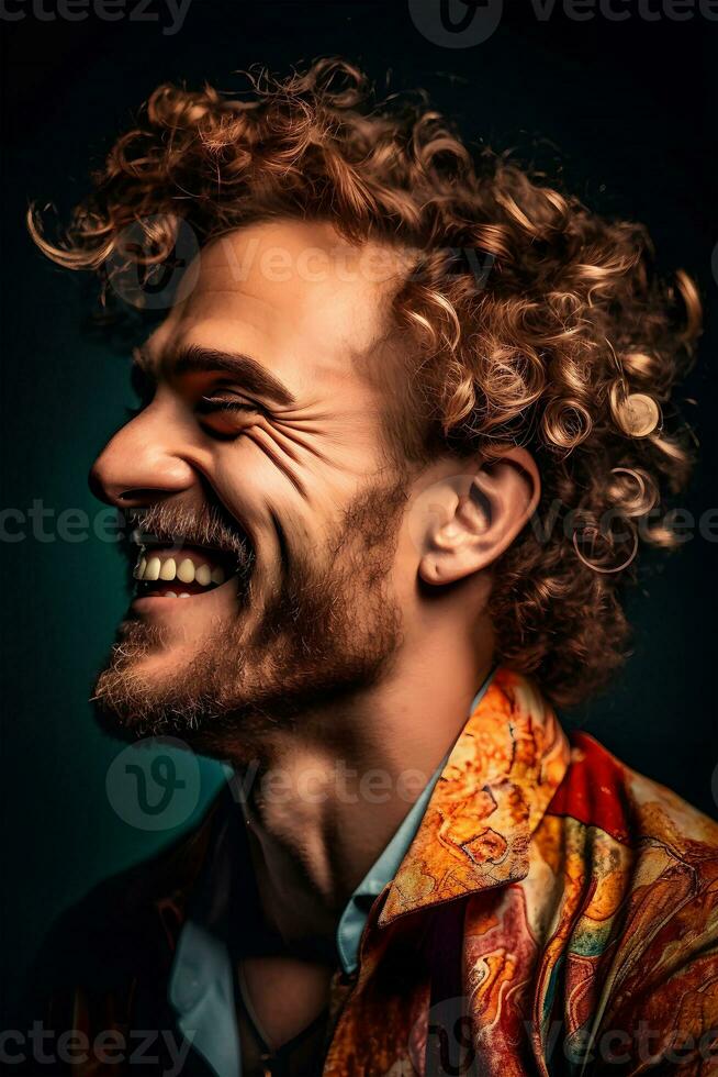 Cheerful studio Portrait of a smiling European man with curly red hair, close-up, soft light, ai generated art photo