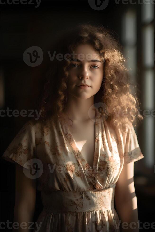 natural portrait of a European young girl in simple rustic clothes standing by the window, natural photo, soft light, art photo